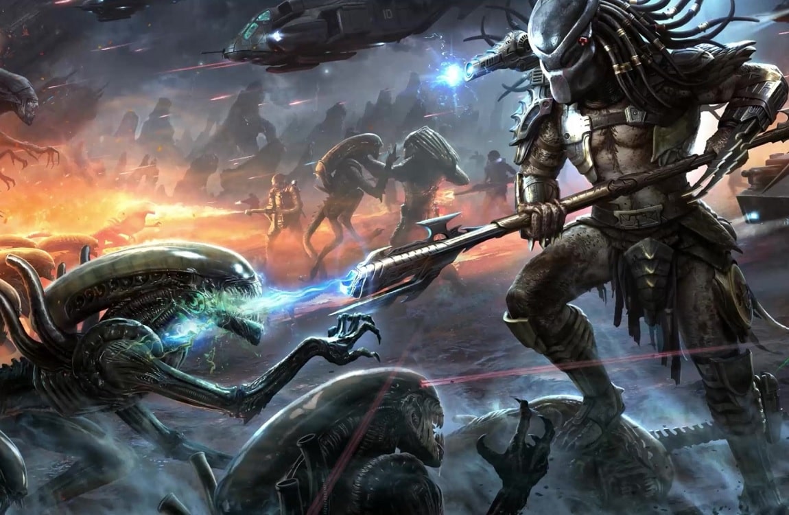 An epic scene of Aliens fighting Predators