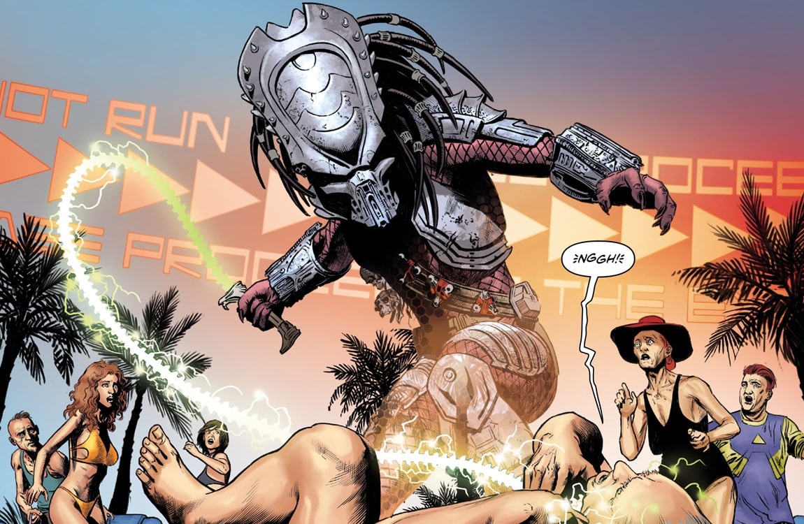 A Predator uses the electric whip on a group of humans in AvP: Thicker Than Blood