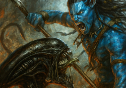 A Xenomorph fights a Na'vi Warrior